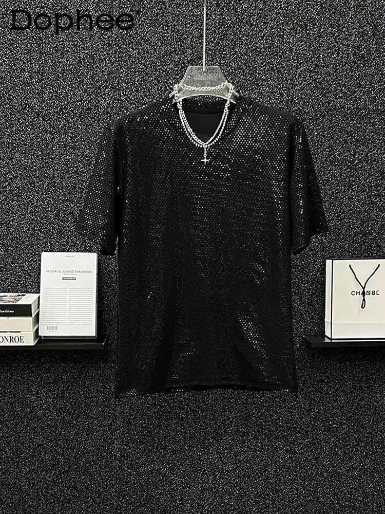 

Fashion Trendy Men's Heavy Industry Sequined Short-sleeved T-shirt Breathable Round Neck Casual Loose Half-sleeved Shirt Top