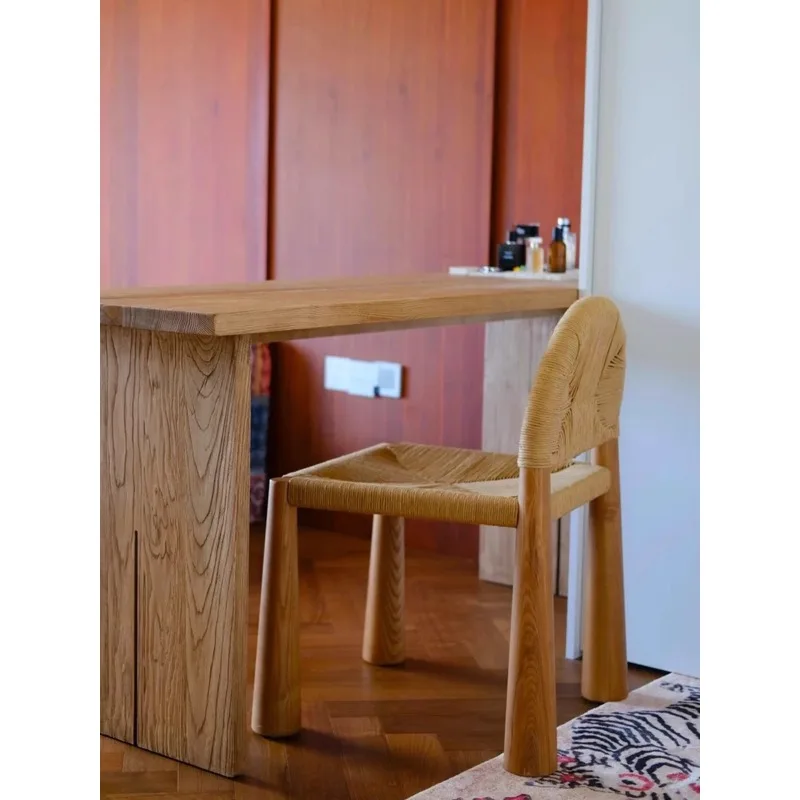 Vintage Solid Wood Rattan Dining Chair Home Designer Medieval Style Single Bed and Breakfast Rope Backrest Chair