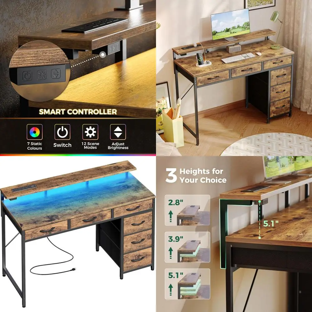 

Игровой стол с 6 ящиками, LED-подсветкой и USB-портами, 39-дюймовый стол для хранения, для домашнего офиса, кабинета, в деревенском стиле, коричневый