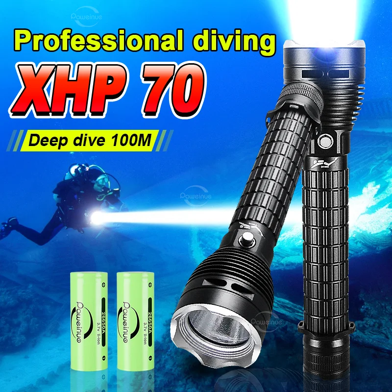 

High Power Rechargeable Led Diving Flashlight IPX8 Waterproof 100m XHP70 Powerful Recharge Led Lamp Diving Lantern 18650/26650