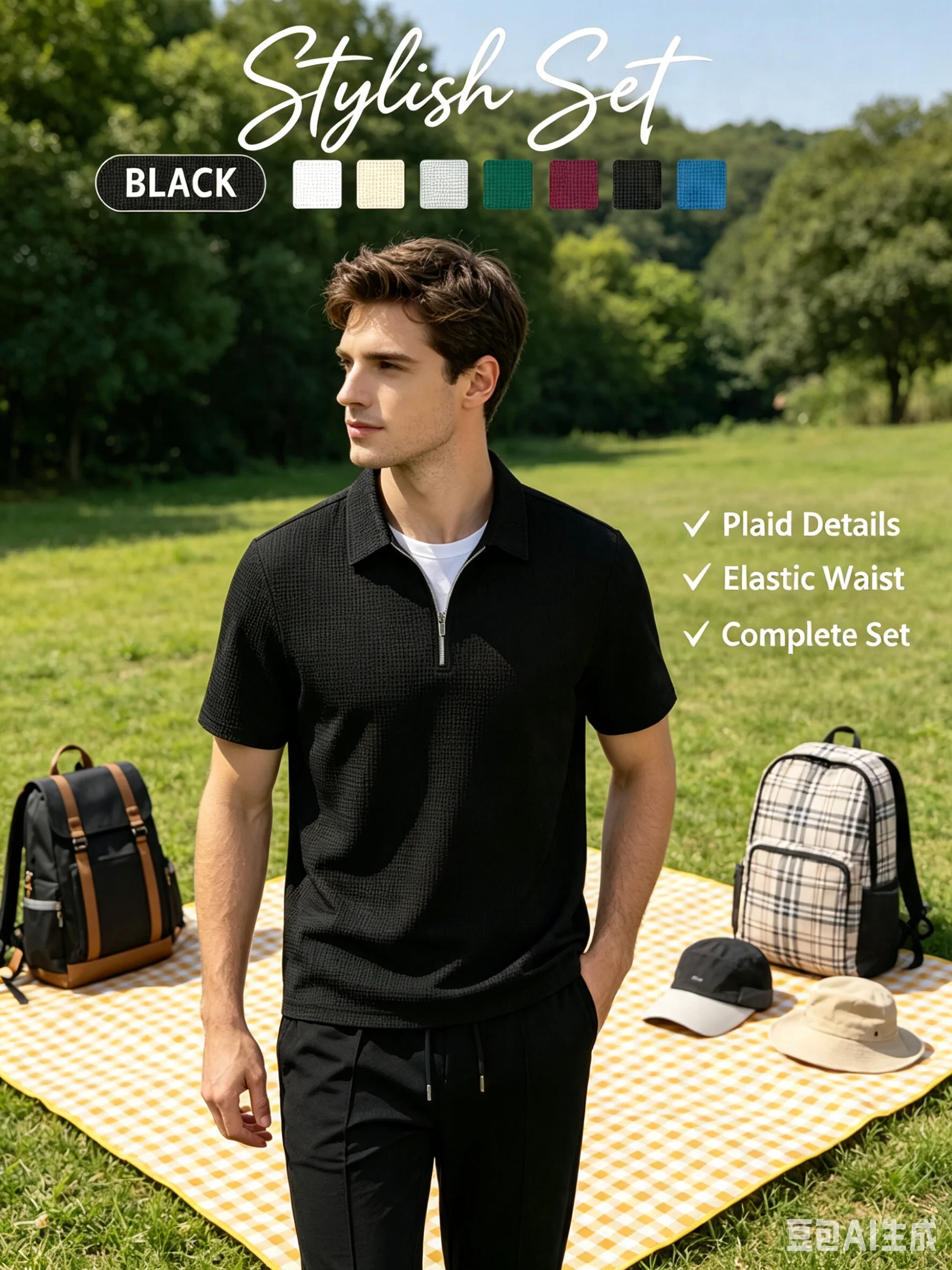 Men Summer Waffle Knit 3-Piece Outfit, Half-Zip Polo with Long Pants & Shorts in Two Styles, Daily Casual & Outdoor Wear - view 3