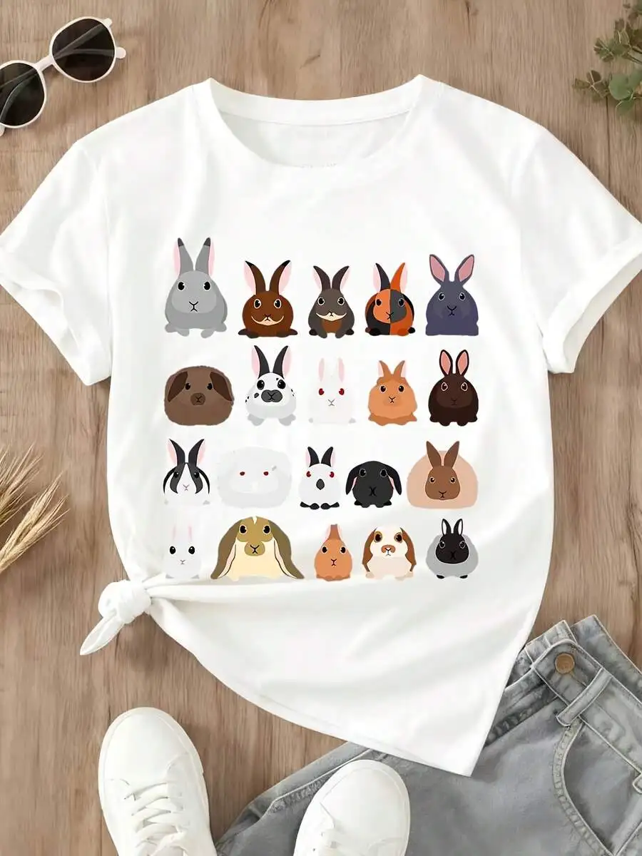 

Womens White T-Shirt With Colorful Bunny Faces Print Casual Tee For Everyday Wear