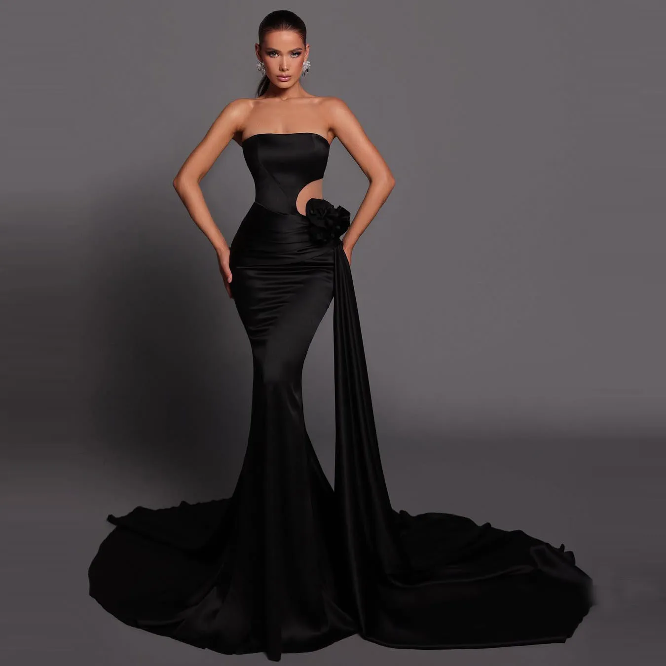 

Classic Black Satin Mermaid Evening Dress for Ball Gown Party Cocktail Formal Wear Women Long Train Prom Dresses