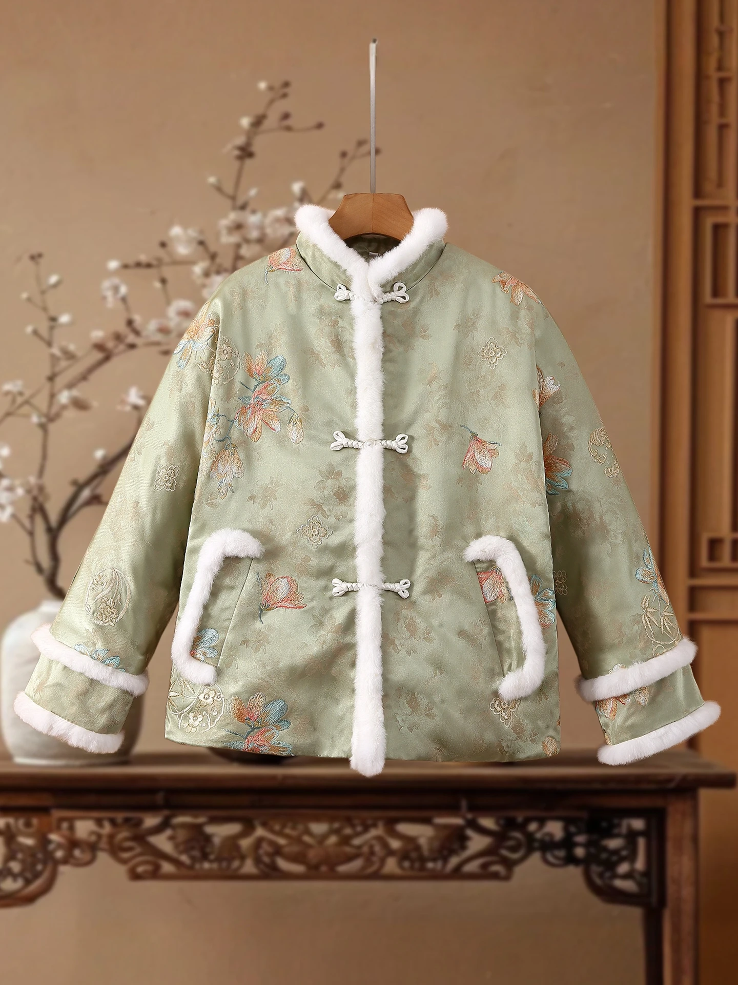 

New Chinese Sle Rabbit Fur Cotton Jaet Women's Winter High End Personali National Trend Stand Collar Button Large Size ...