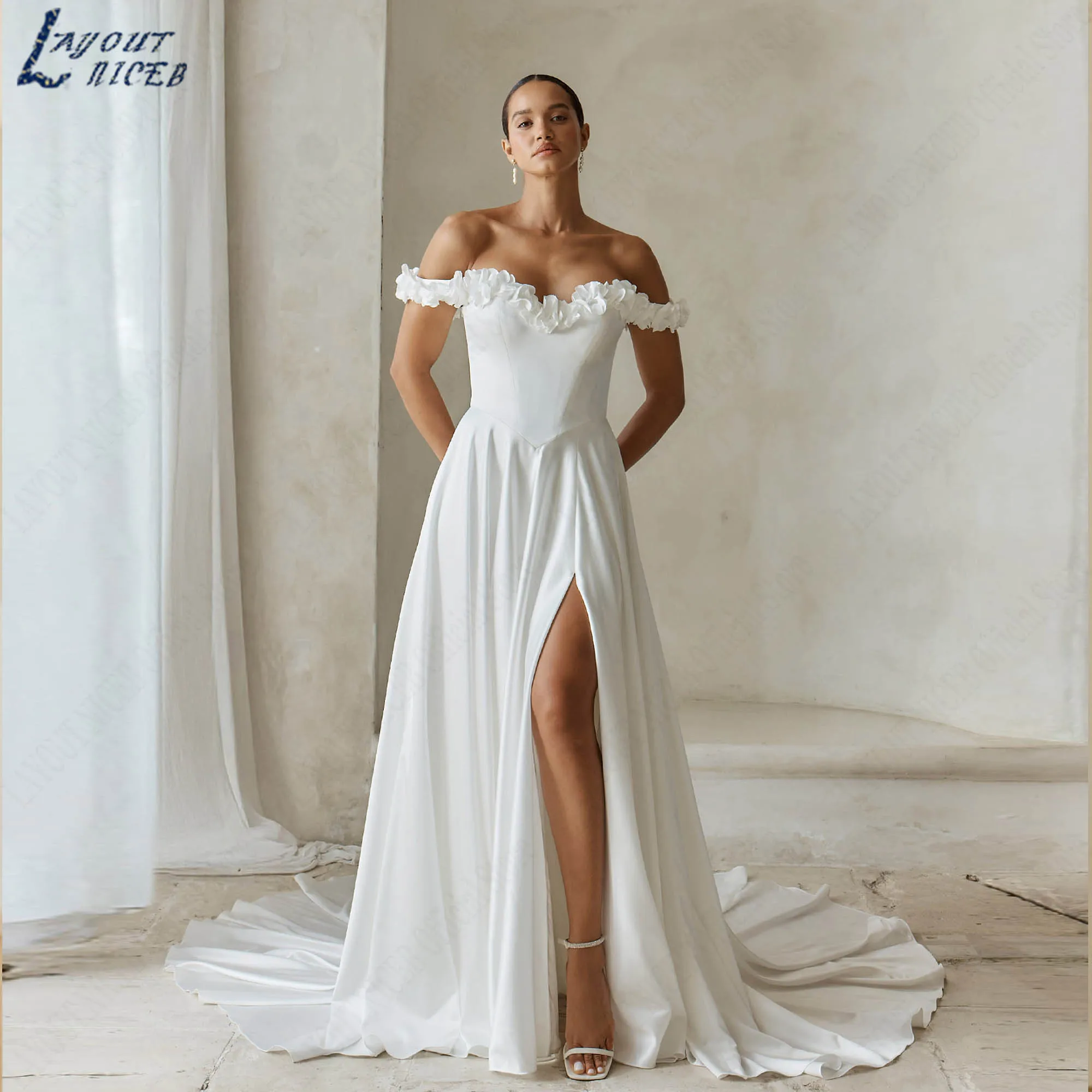

Off Shoulder Satin Wedding Dress with 3D Florals A-line Slit Sweetheart Bride Gowns Backless Simple vestidos de novia Customized