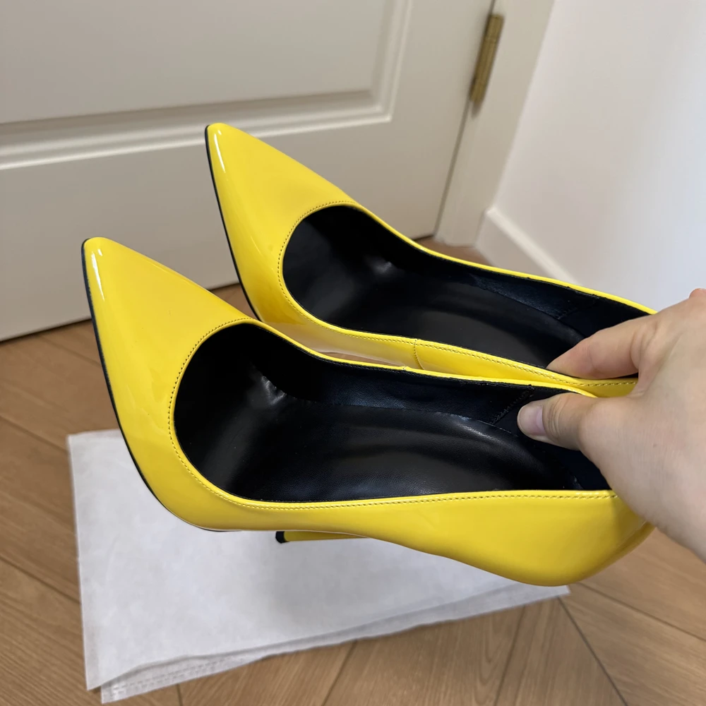 New 14cm/16cm Extreme High Heels Women Yellow Patent Pointed Toe Stiletto Pumps for Pole Dance Nightclub Cosplay T Stage Party