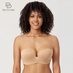 Women's Seamless Push Up Strapless Bra Plus size Plunge Slightly Lined Lift Support Underwire Invisible Bras A-DD E F 32-44 46