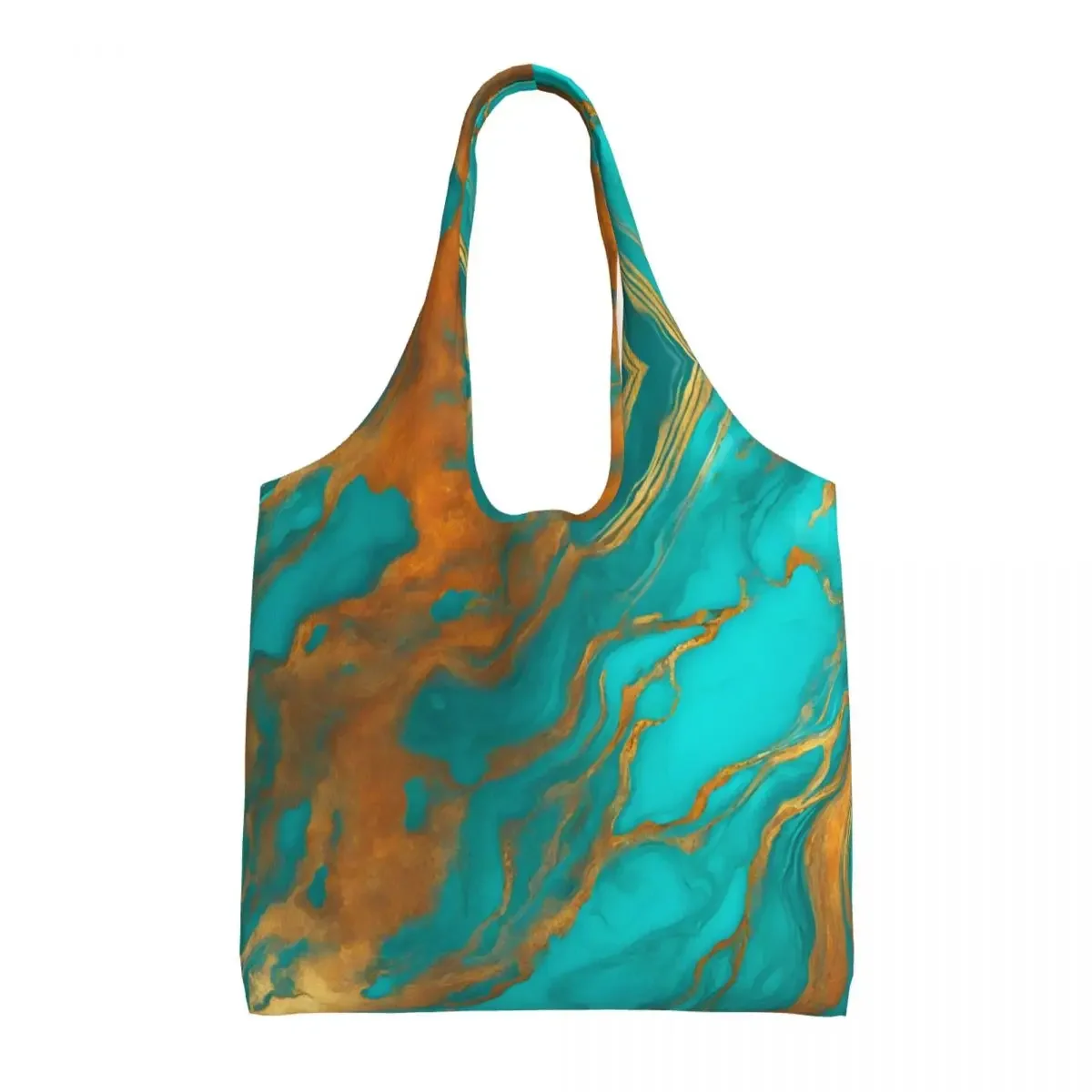 Bolso de compras de mármol azul turquesa dorado colorido moderno personalizado, bolso de mano de lona para mujer, bolsas de compras lavables para comestibles