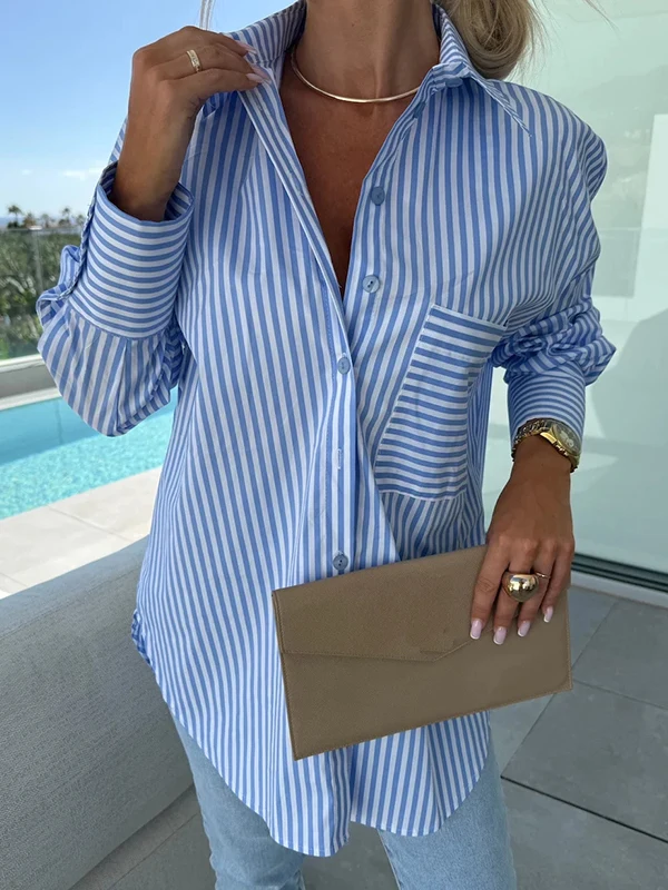 Faionable مخطط فضفاض طويل Sve irt زر واحد OL Commute Sle المرأة قسط ربيع الخريف أعلى ألياف البوليستر