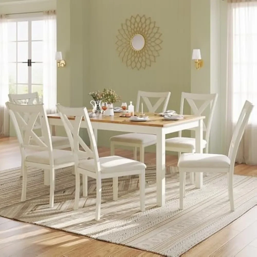 

7-Piece Farmhouse Solid Wood Dining Table Set with 6 Chairs, 60" Rectangular Dining Table & Chair Set for 6 People, Dining Table