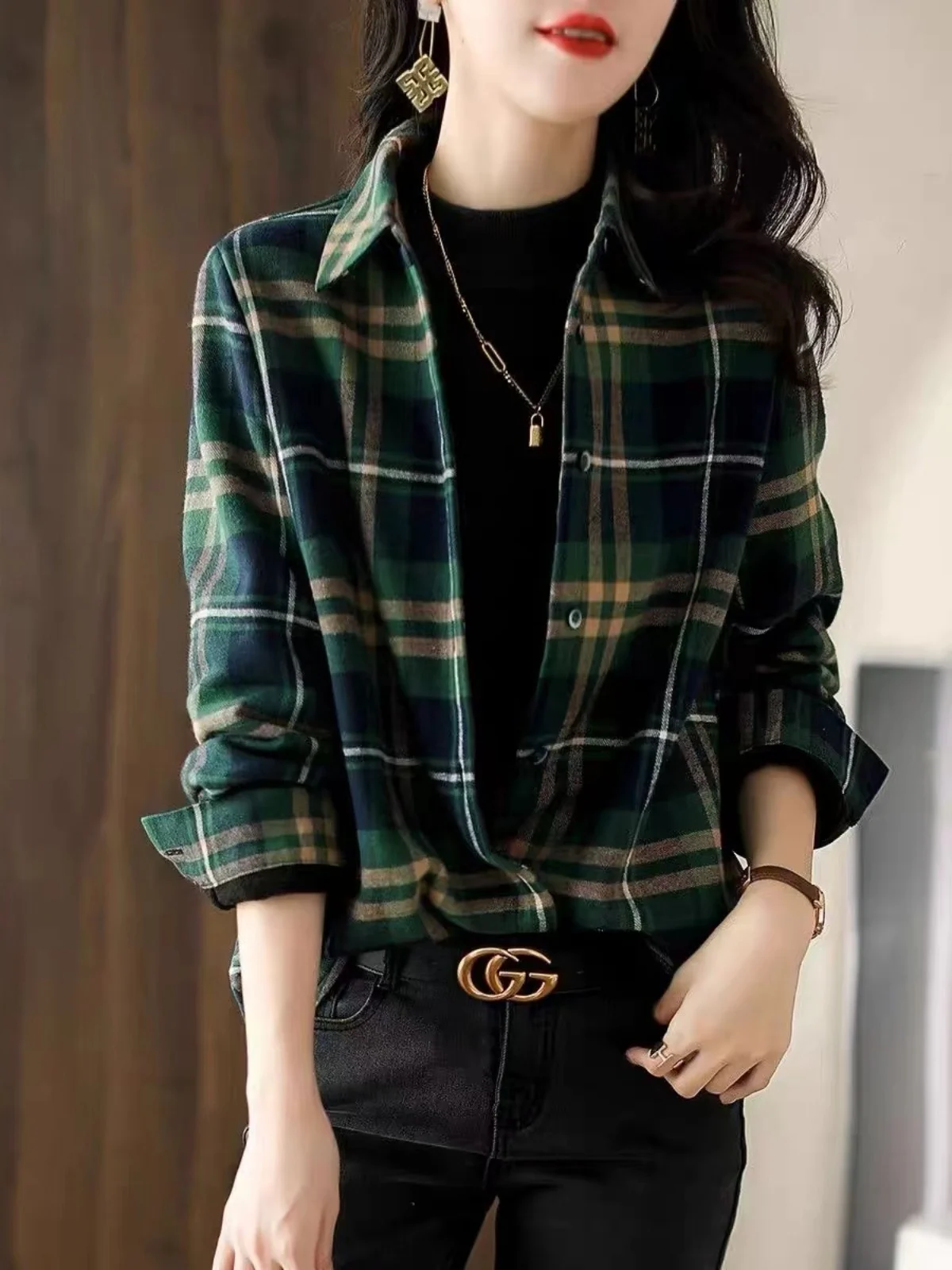 

Фланелевая куртка в клетку в стиле ретро, Гонконг, женская свободная повседневная верхняя одежда с длинным воротником свека, весна-осень