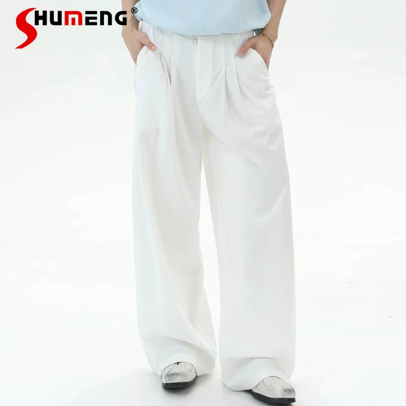 Men's 2026 Summer New Loose Wide-leg Trousers Male Fashion High Waist Curved Comfort Pants Stylish Simple Chic Solid Color Pants