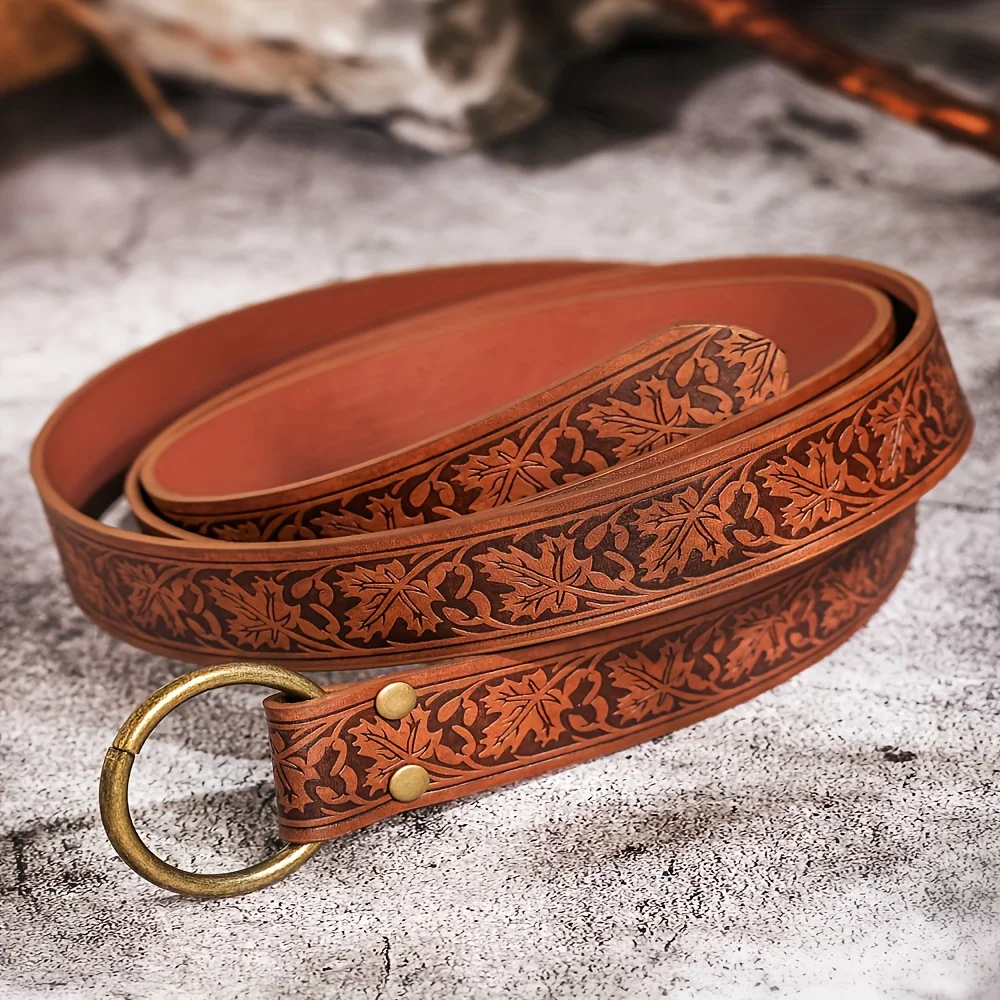 2pcs Vintage Embossed Leather Set Leather Belt with Drawstring Coin Pouch Renaissance Costume Accessories