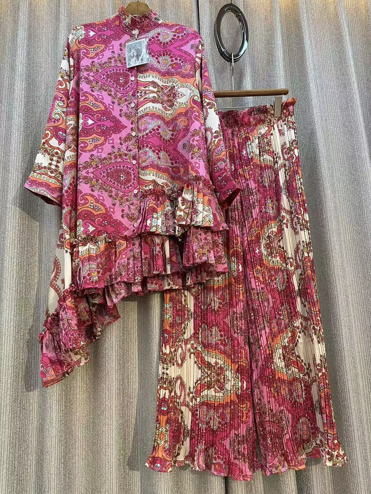 

Vintage Two Piece Sets For Women Stand Collar Long Sleeve Irregular Tops High Waist Folds Loose Trousers Print Casual Set Female