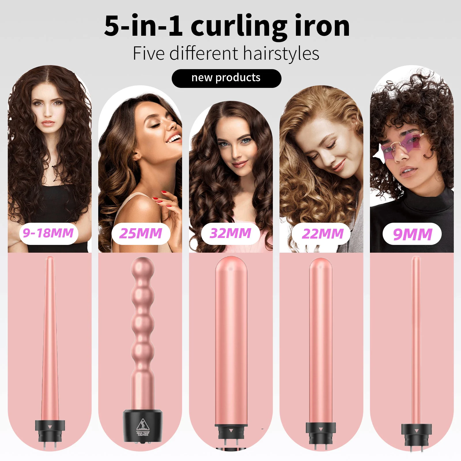5 in 1 Curling Iron Set, Hair Curlers with Interchangeable Ceramic Barrels (0.76