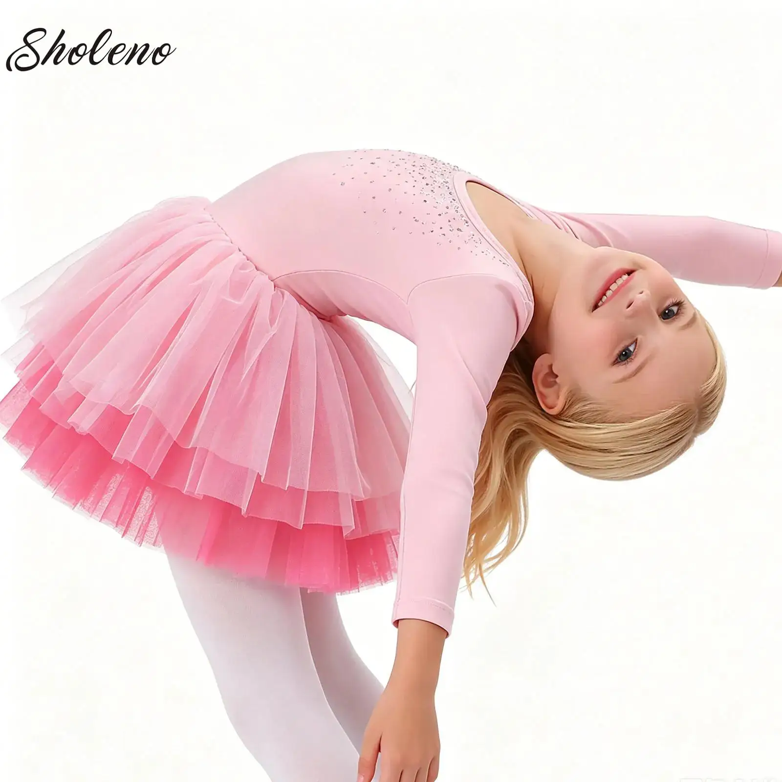 Kids Girls Princess Tutu Dress Long Sleeve Rhinestones Ballet Dress Cross Back Layered Tulle Dress Practice Performance Wear