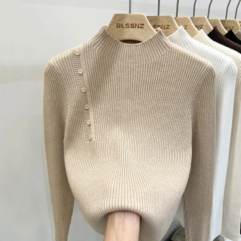 2024 Autumn/Winter New Fashionable Sweater Elegant White Slim Fit Inner Bottom Sweater Casual Button Knitted Pullover Tops