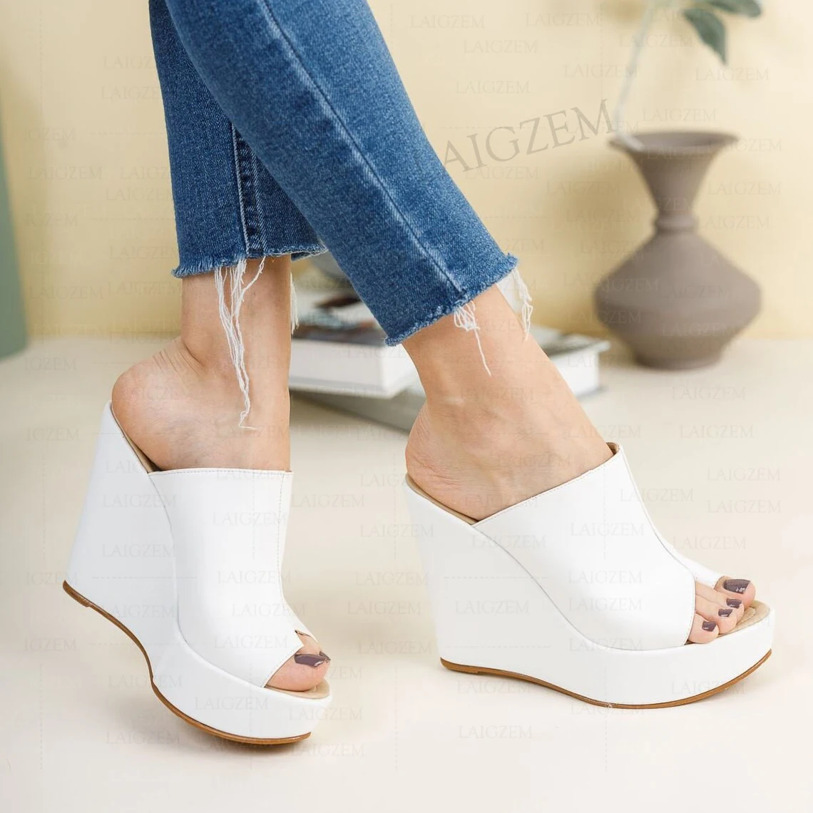 ZHIMA Women Pumps Wedges Platform Mules 12.5cm High Heels Sandals Slip On Height Increase Party Shoes Woman Big Size 41 43 48