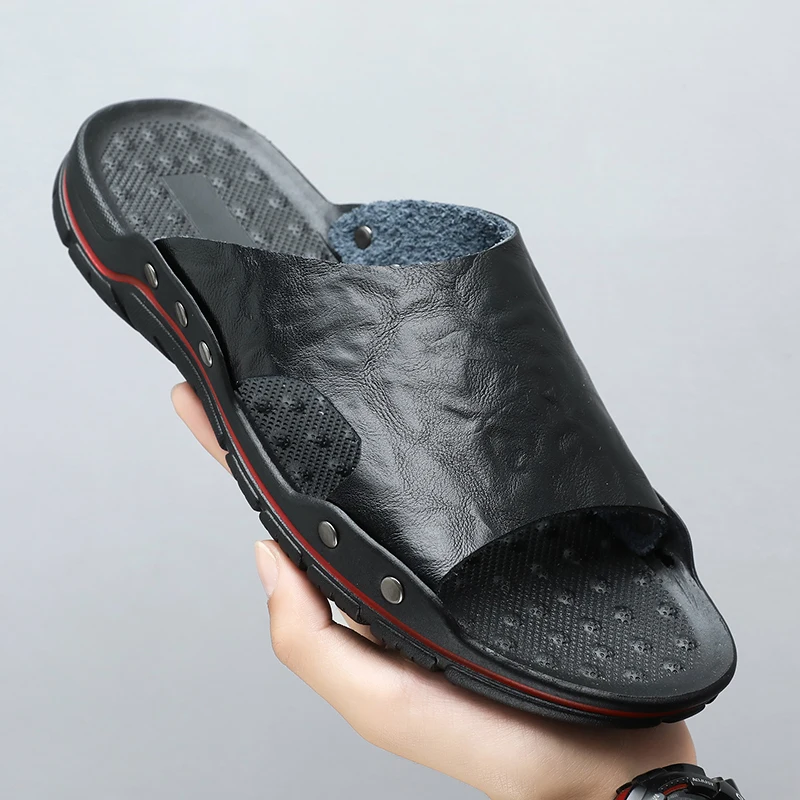 

New Breathable Home Leather Slippers Men Summer Non-Slip Indoor Outdoor Beach Shoes Man Comfortable Platform Sandals Big Size 48