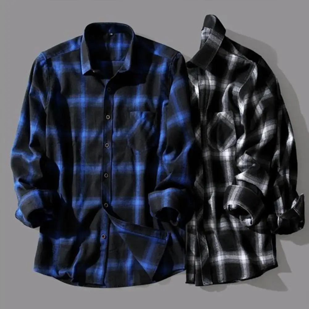 

Men Spring Shirt Plaid Print Contrast Colors Turn-down Collar Lapel Warm Single-breasted Color Matching Buttons Autumn Coat