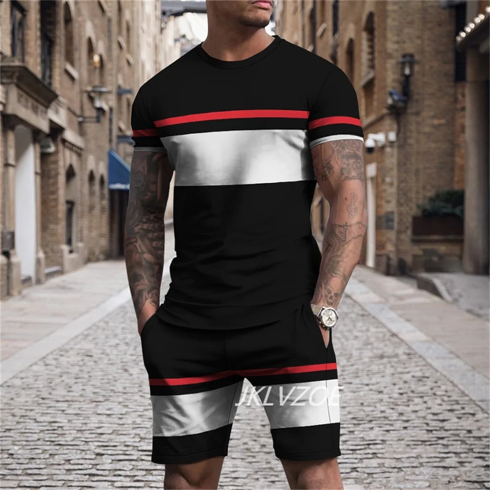 Summer T shirt Set For Men Striped 3D Print Men\'s T-shirt Short Sleeve+Shorts 2-Piece Set Oversized Casual Beach Sport Man Suit