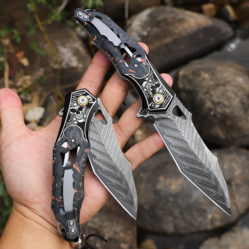Men's Folding Pocket Knife, Damascus Steel Blade, Leather Sheath and Pocket Clip, Outdoor Adventure, Hiking Camping EDC Knife
