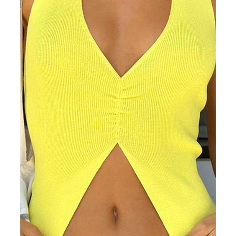 Yellow Halter Sexy Backless Tank Tops For Women Streetwear 2024 Sleeveless Ribbed Knit Vest Top Street Party Cropped Tops