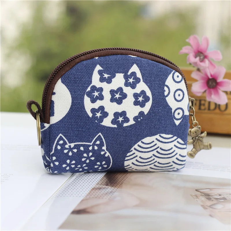 Women\'s Canvas Cartoon Prints Keychain Wallet Small Card Organizer Key Pouch Ladies Money Bag Coin Purse for Children Girls Boys