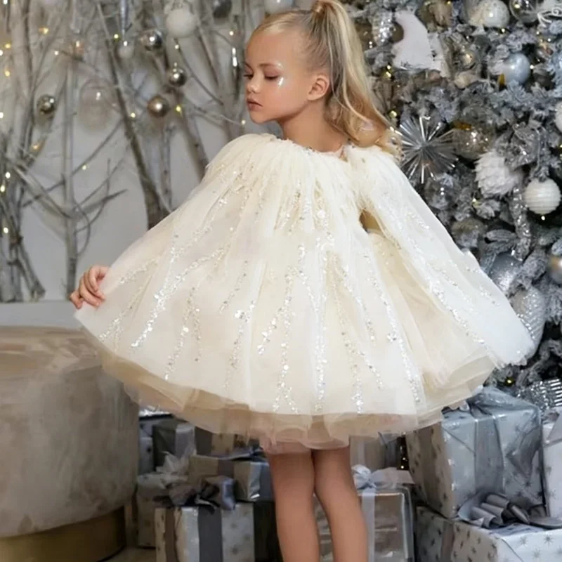 Flower Girl Dresses Pink Tulle Puffy Sequin With Bow Feather Cloak And Shoulders For Wedding Birthday Banquet Princess Gowns