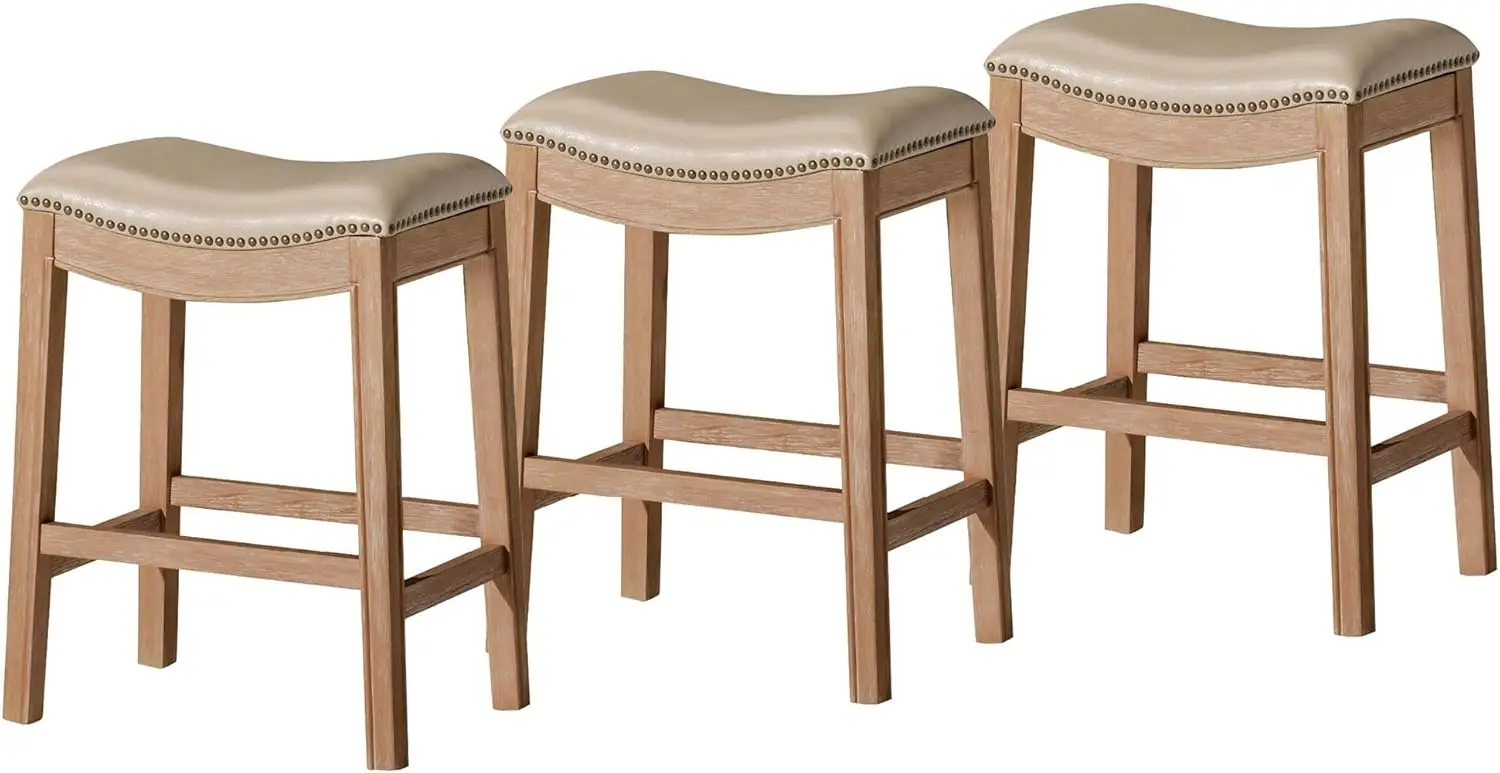 

Backless Counter Stool Set of 3 – 26 in – Brown Wood Frame & Beige Faux Leather – Ideal for Kitchen Islands