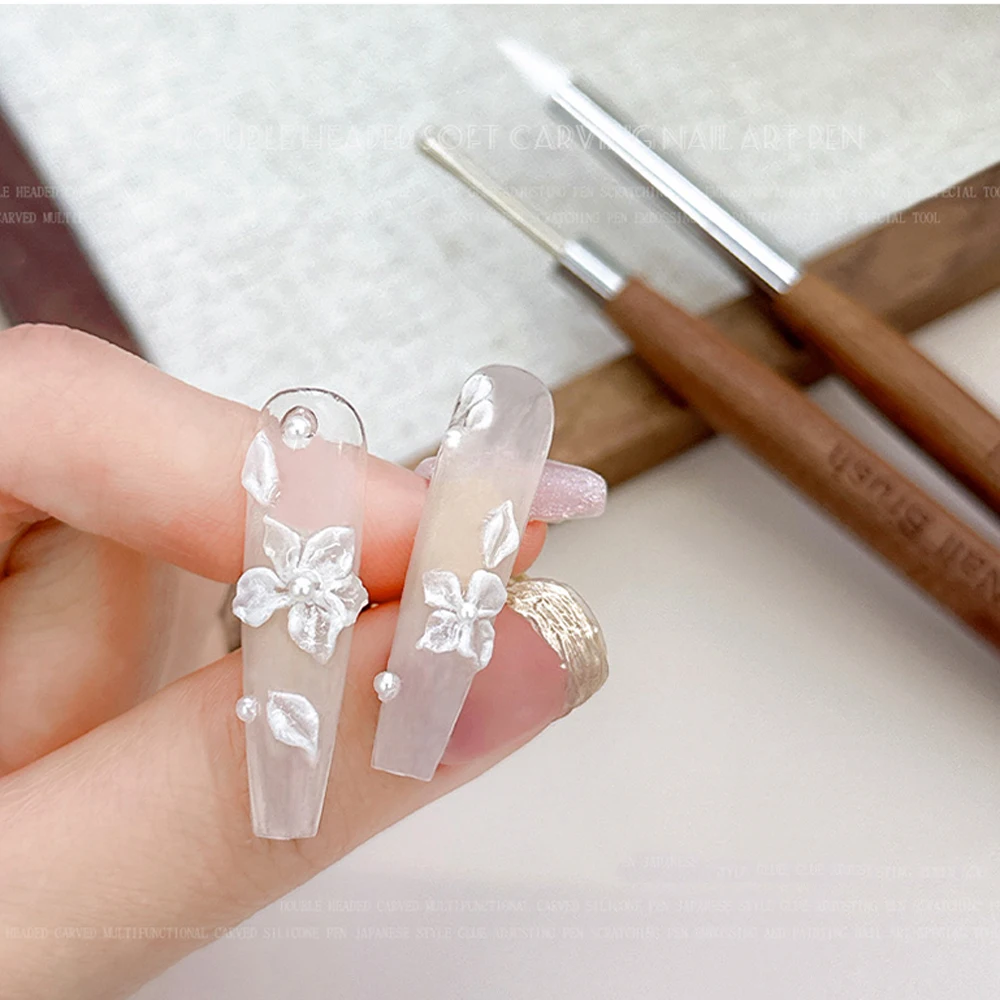 2 pezzi spatola in silicone a doppia estremità pennello per nail art per intaglio 3D fiore pittura penna colla pennello misto strumento per manicure in acciaio inossidabile