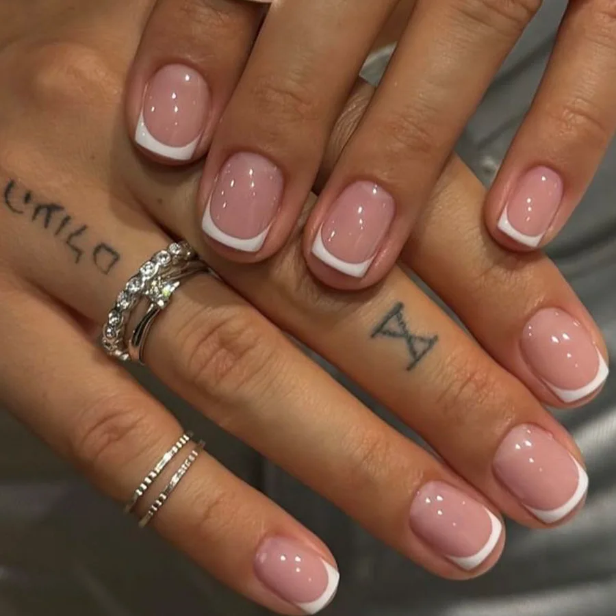 Press On Nails White French Square Set Reusable False Nail Tips_voghion.com