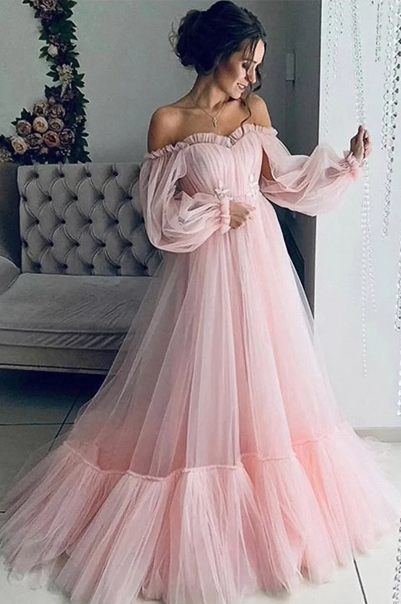 Ladies Elegant Wedding Dresses Sexy Party One Shoulder Long Sleeve Chiffon Midi Woman Evening Dress Pink And Blue