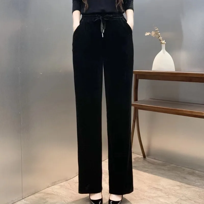 

2023 Autumn and Winter Women's Elastic Waist Solid Color Drawstring Pleated Wide Leg High Waist Black Loose Large Casual Pants