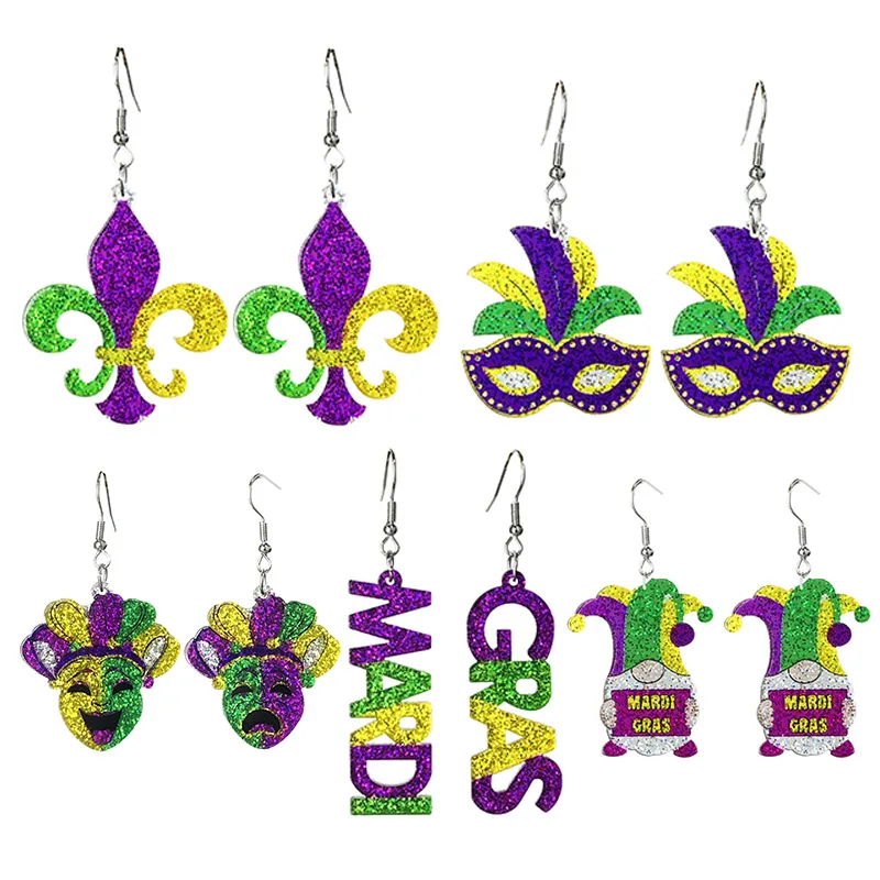 Shining Carnival Atmosphere Acrylic C-shaped Splicing Earrings for Women 2025 Purple Green Gold Mask Crown Theme Earrings