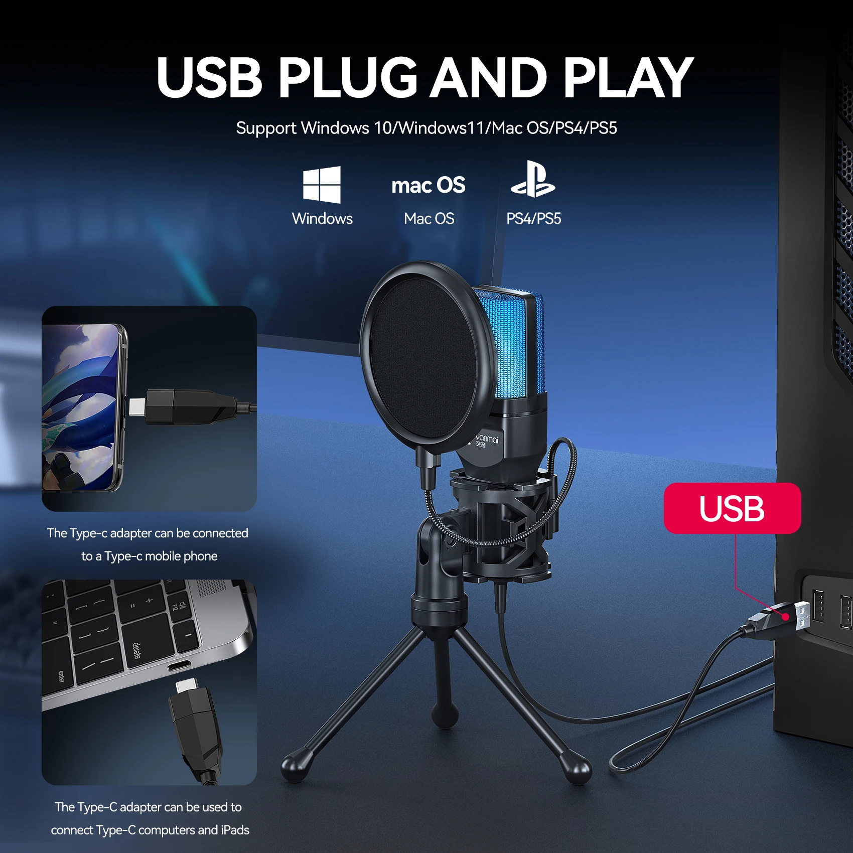 SF-777R RGB USB مكثف الألعاب ميكروفون الكمبيوتر المهنية هيئة التصنيع العسكري للكمبيوتر PS4 PS5 ماك الهاتف تسجيل تدفق البث #5