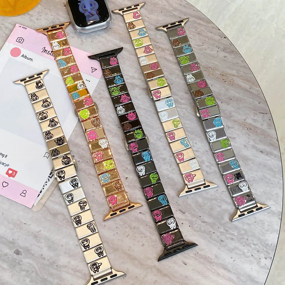 لساعة Apple Watch Band Series 10 9 8 7 6 SE 5 4 3 2 Ultra Cartoon Illustration Metal Strap iwatch 46mm 42mm 38mm 40mm 41mm 44mm 45mm 49mm Bracelet
