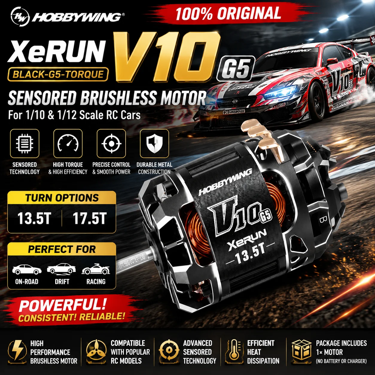 Hobbywing XeRun V10 G5 13.5T 17.5T Sensored Brushless Motor Competition Motor For 1:10 1:12 RC Car Racing Drift Model Car Parts