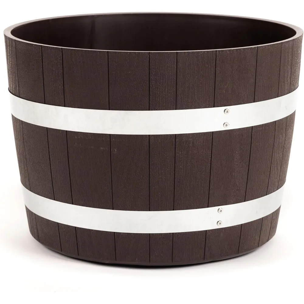

Heavy Duty 18 Inch Recycled Polyethylene Planter with Rusting Steel Bands in Walnut Finish
