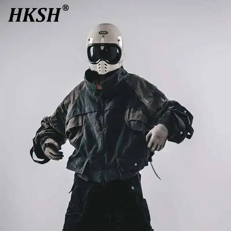 

HKSH Autumn Winter New Men's Tide Dark Punk Short Stand Collar Loose Shoulder Jacket Fashion Chic Patchwork Spliced Coats HK3325