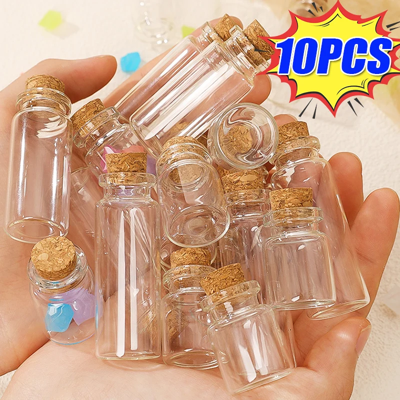 10Pcs Mini Glass Bottles Flasks with Cork Stoppers Transparent Wishing Gifts Healing Lucky Drifting Empty Tiny Jars Decoration