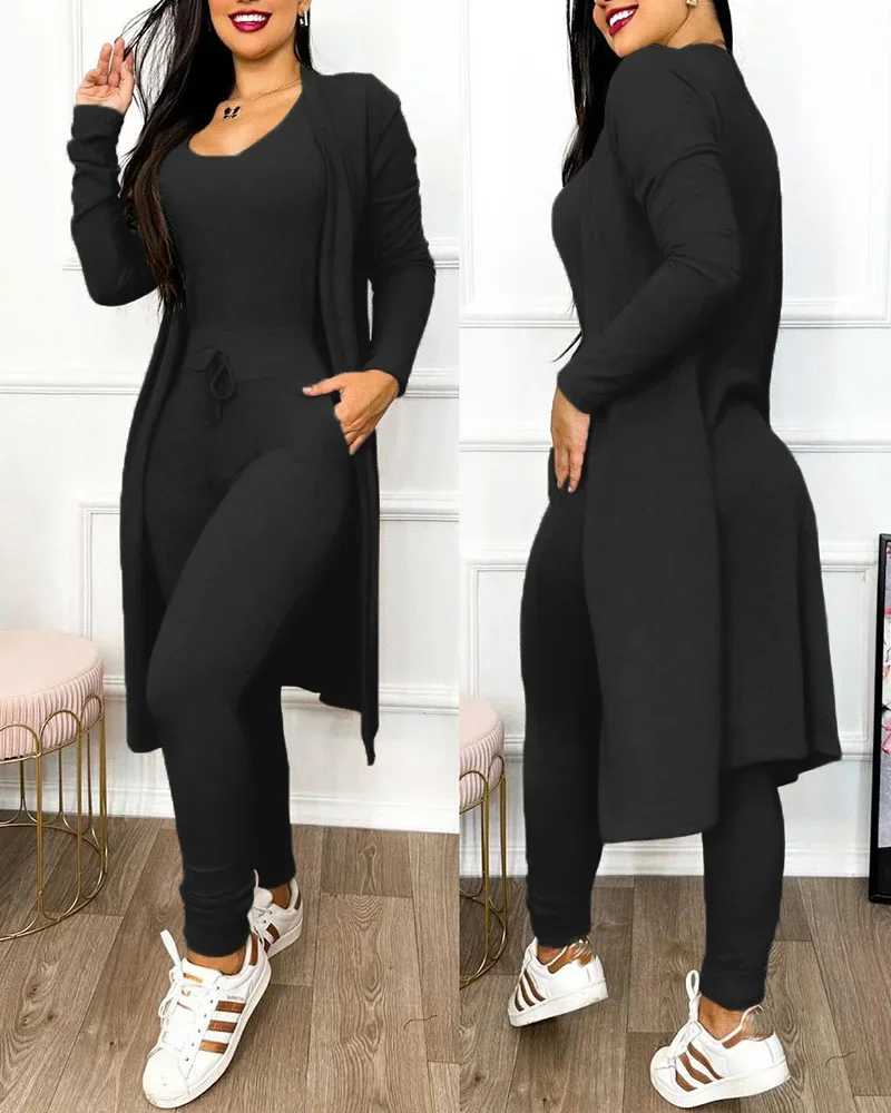 Two Piece Set Women Outfit 2024 Spring Fashion Drawstring Pocket Design U-Neck Sleeveless Skinny Jumpsuit & Long Sleeve Coat Set