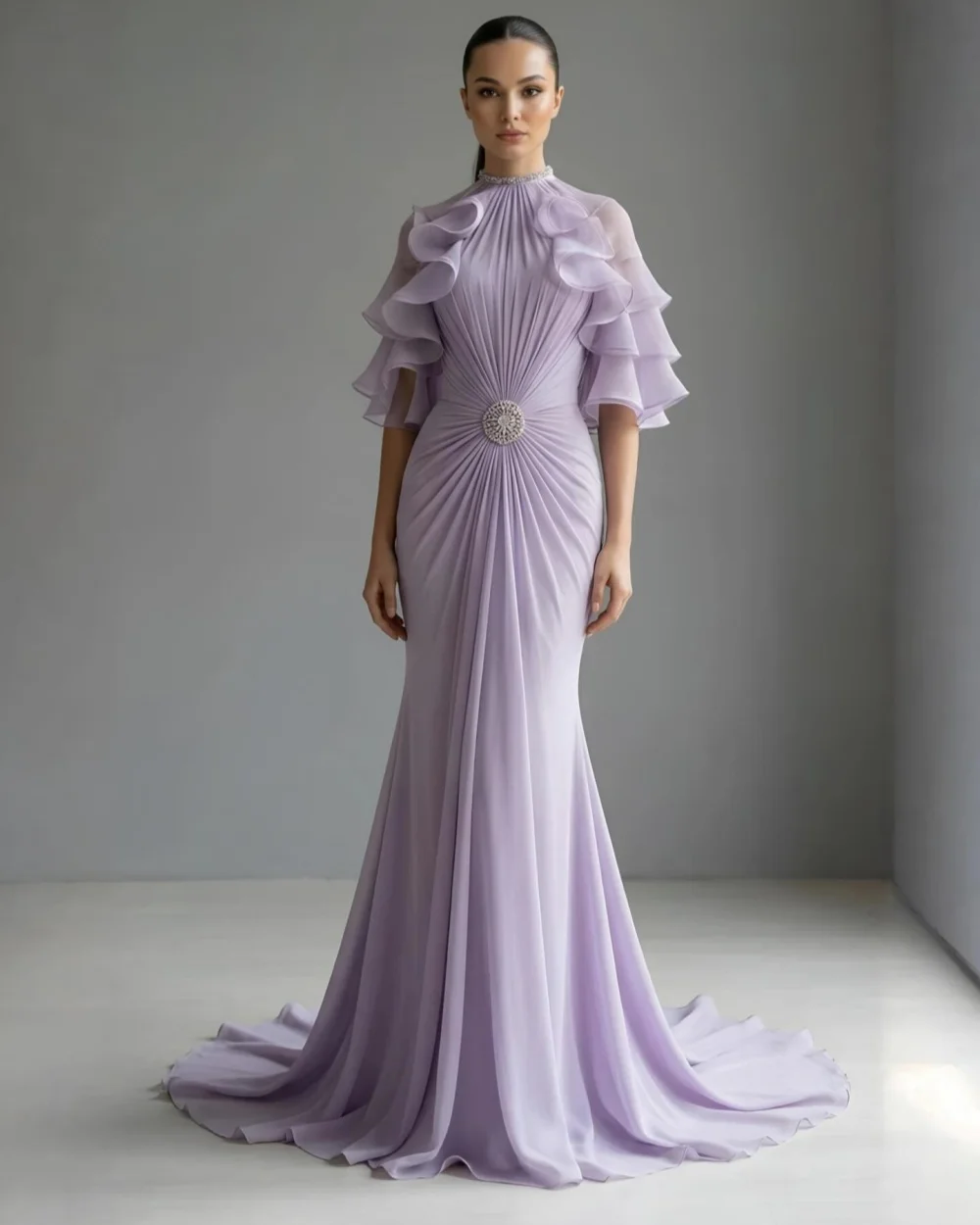 

Customized Modern Style Women Chiffon Rhinestone Ruched Mermaid Evening Dress Fashion O-Neck Half Sleeve Floor Lenght Party Gown