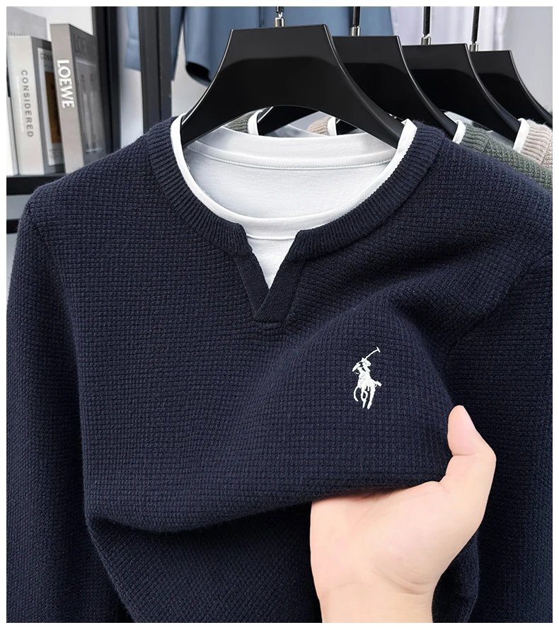 

Fake Two-piece Spliced Pullover Knitted Sweater for Men, Thickened Autumn and Winter Embroidered Pony Logo V-neck Sweater