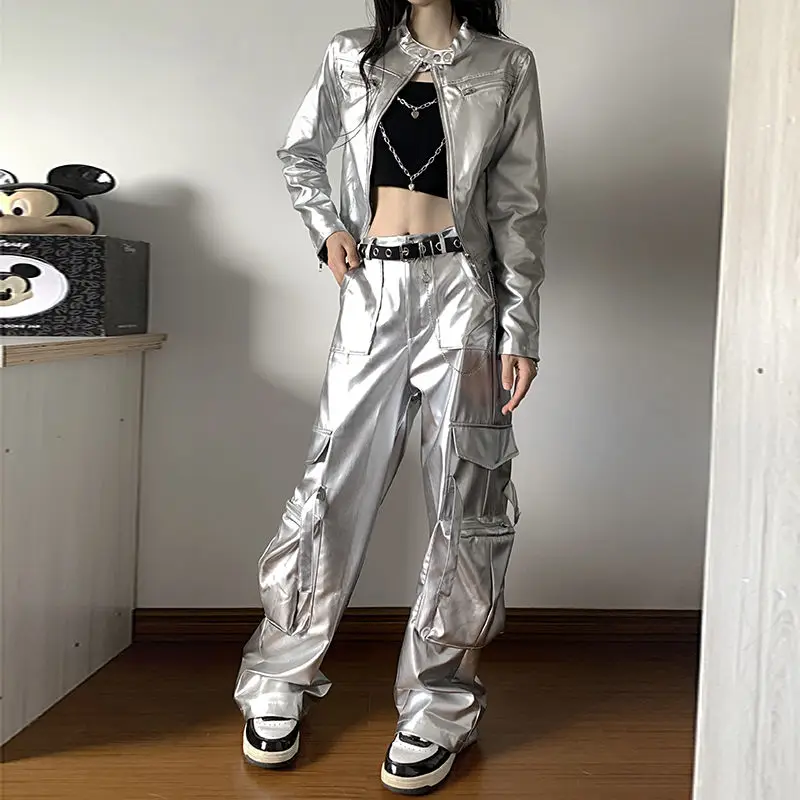 Spicy girl silver long sleeved PU leather jacket work pants hip hop y2k tops fashion streetwear two piece sets womens outifits