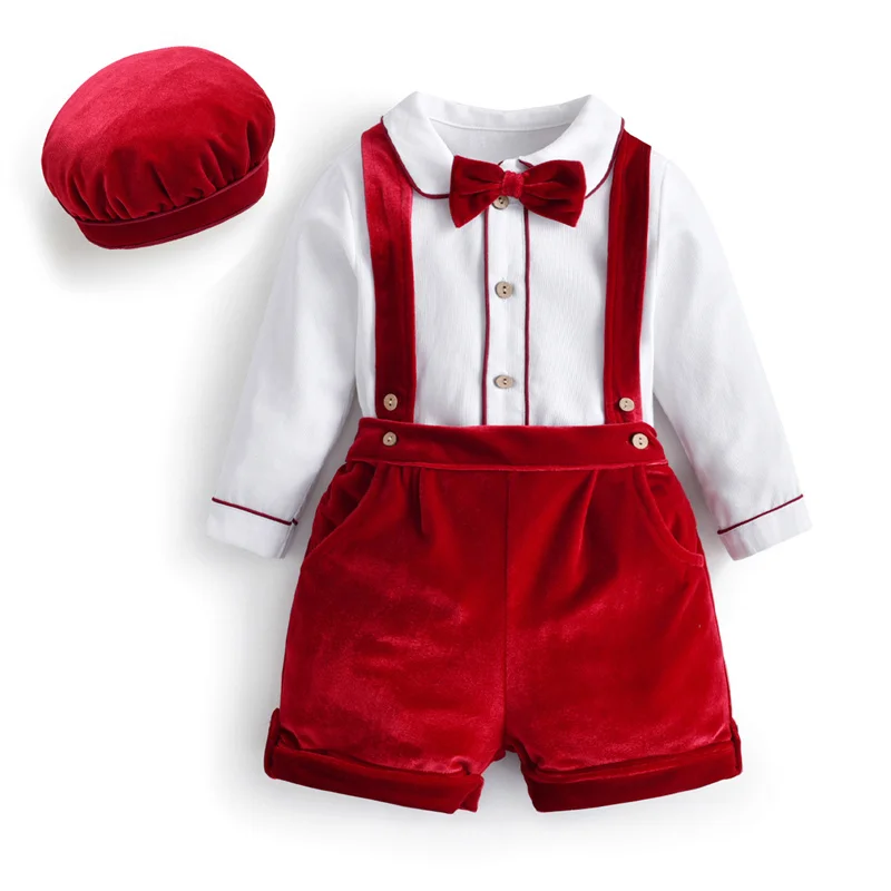 

Kids Christmas Clothes Baby Boy Suspender Suit White Long Sleeve Cotton Shirt and Red Velour Short Pant Toddler New Year Outfits