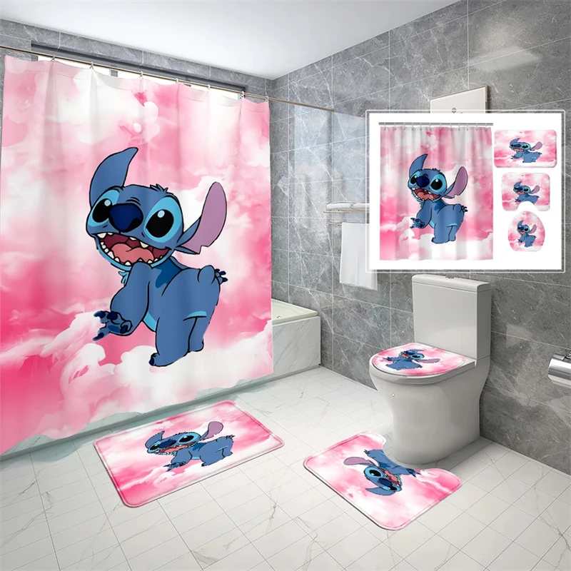 Stitch Shower Curtain Shower Bath Mat 4 Piece Set Cute Cartoon Great Gift for Kids Waterproof Full Set Deluxe Set