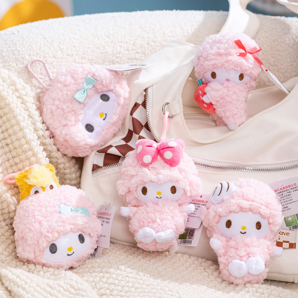 Sanrio Piano oveja rosa colgante de felpa monedero Kawaii niñas bolso encantador teléfono coche llaveros de felpa Piano ovejas llaveros rellenos