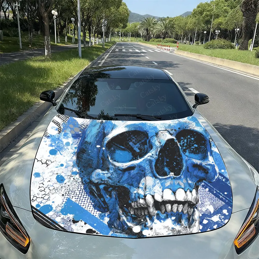 

Graffiti Style Blue Skull Car Hood Decal Sticker, Durable Car Vinyl Wraps Suitable For Most Vehicles, Car Engine Hood Protective