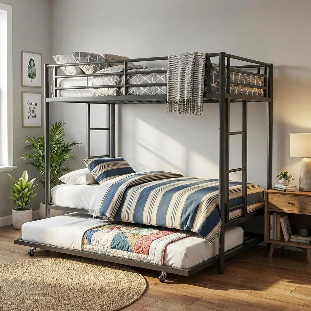 

Twin Over Twin Metal Bunk Bed with Trundle, Triple-Layer Safety Rails, Ladder, No Box Spring, Space-Saving for Kids and Teens, B